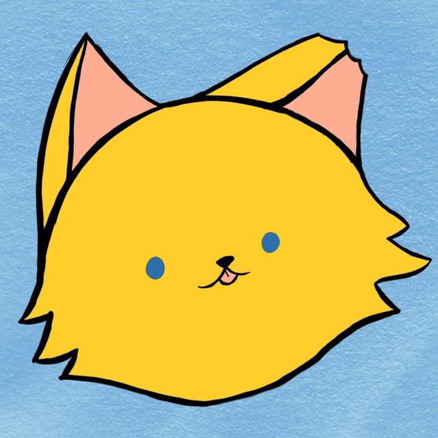 A drawn yellow cat with blue eyes, tongue sticking out